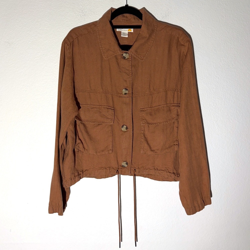 C&C California Women Brown Lyocell Linen Utility Jacket Cropped Drawstring Hem